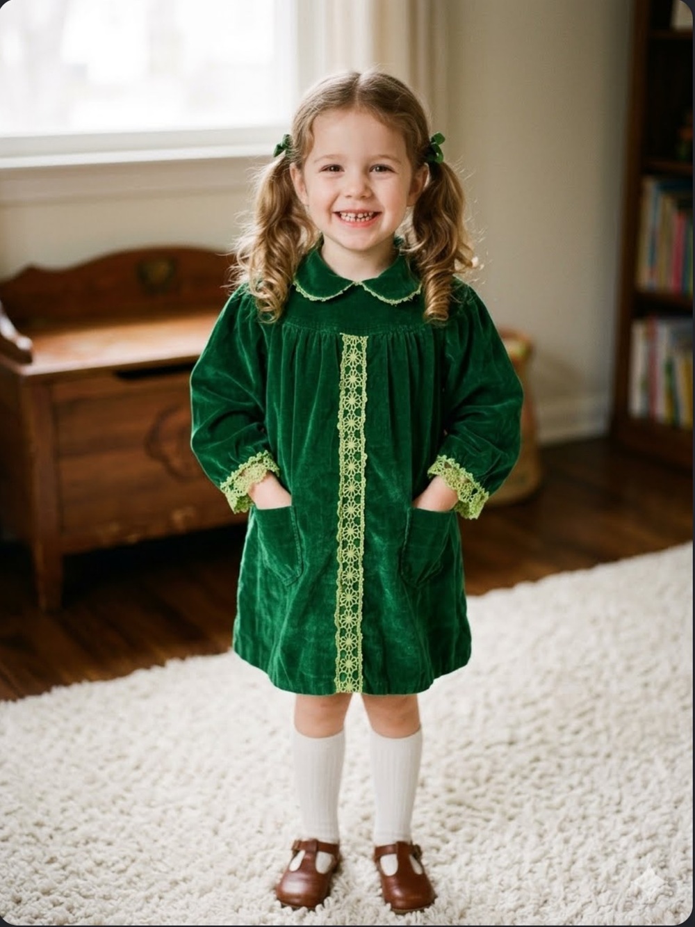 2/3 handmade 70e vintage Green Velvet Girls' Dress with Lime lace Trim